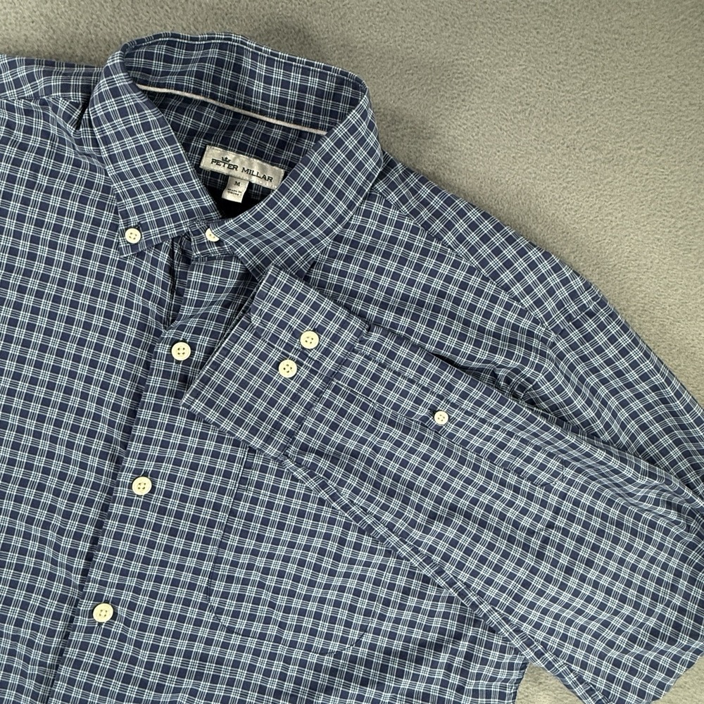 Peter Millar Shirt Mens Medium Blue Gingham Breathable Long Sleeve Button Down